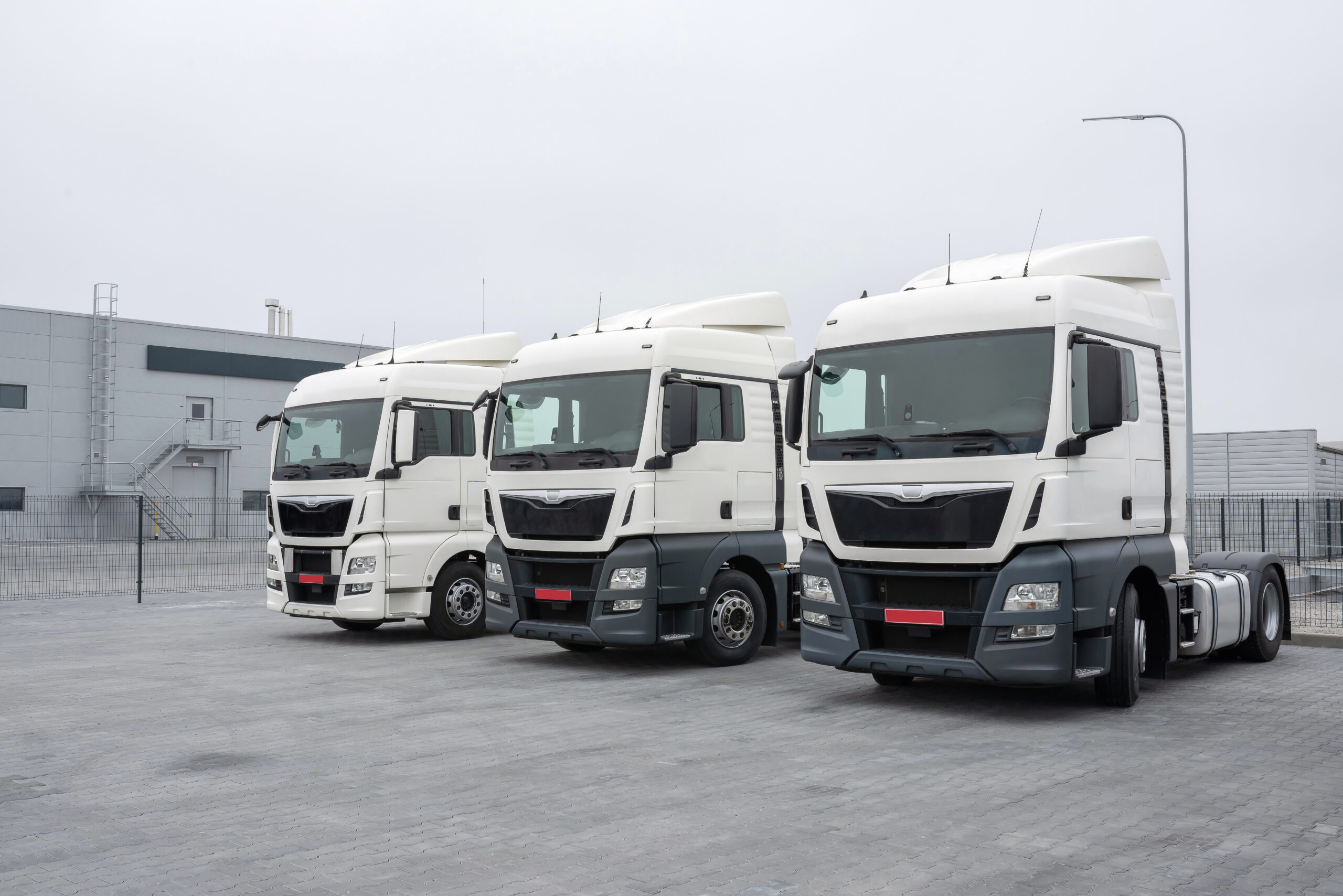 Three white semi-trucks parked side by side.